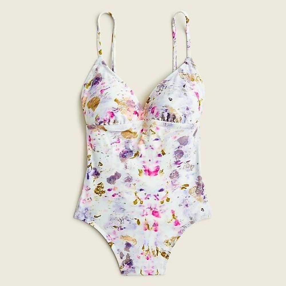 NWT Flora Obscura X J.Crew strappy-back plunge one-piece kaleidoscope floral 14